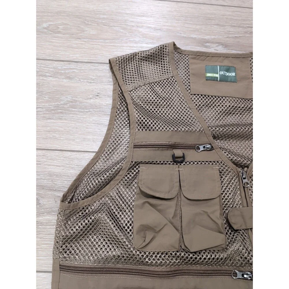 OUTDOOR MESH FLY FISHING VEST KHAKI UTILITY CARGO MEN'S SIZE LARGE EUC